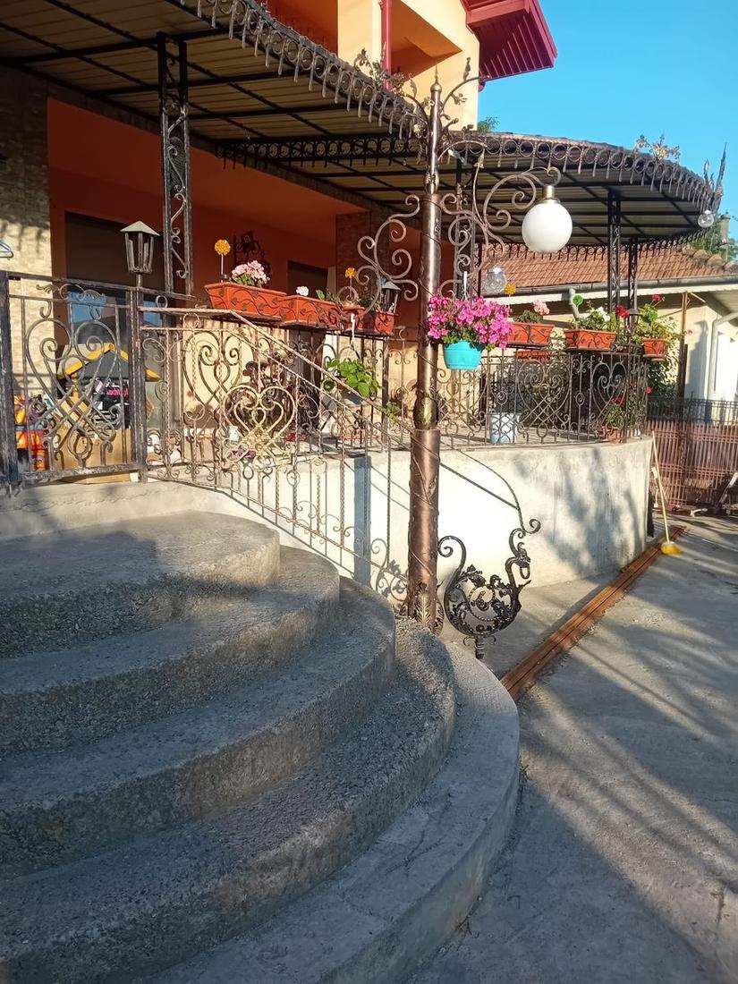 Balustrade metalice pe o terasă cu trepte rotunde și copertină