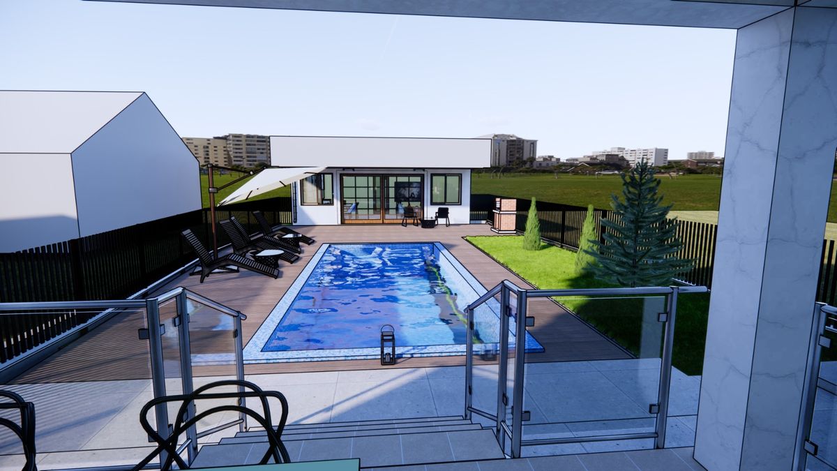 Balustradă cu sticlă și inox pe o terasă cu vedere spre piscină